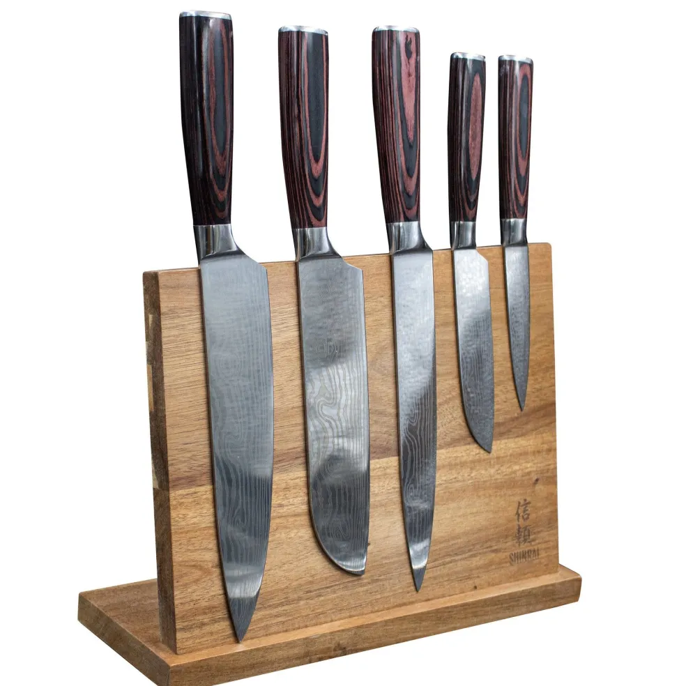 Shinrai Knives - Damascus Print 5-delige Messenset + Magnetisch Messenblok Dubbelzijdig
