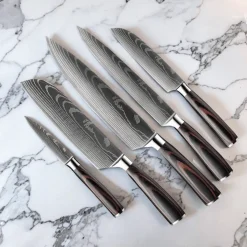 Shinrai Knives - Damascus Print 5-delige Messenset + Magnetisch Messenblok Dubbelzijdig