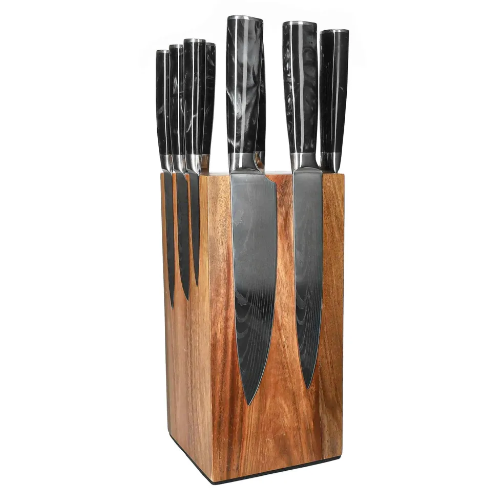 Shinrai Knives - Damascus Print Onyx 9-delige Messenset + Messenblok Robur