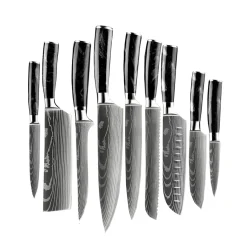 Shinrai Knives - Damascus Print Onyx Epoxy 9-delige Messenset + Magnetisch Messenblok Scalae - Acacia hout