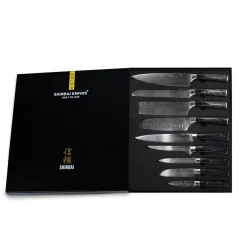 Shinrai Knives - Damascus Print Onyx Epoxy 9-delige Messenset + Magnetisch Messenblok Scalae - Acacia hout