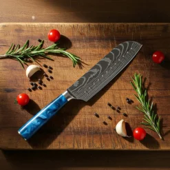 Shinrai Knives - Damascus Print Epoxy Sapphire 2-delige Messenset - Santoku + Schilmes