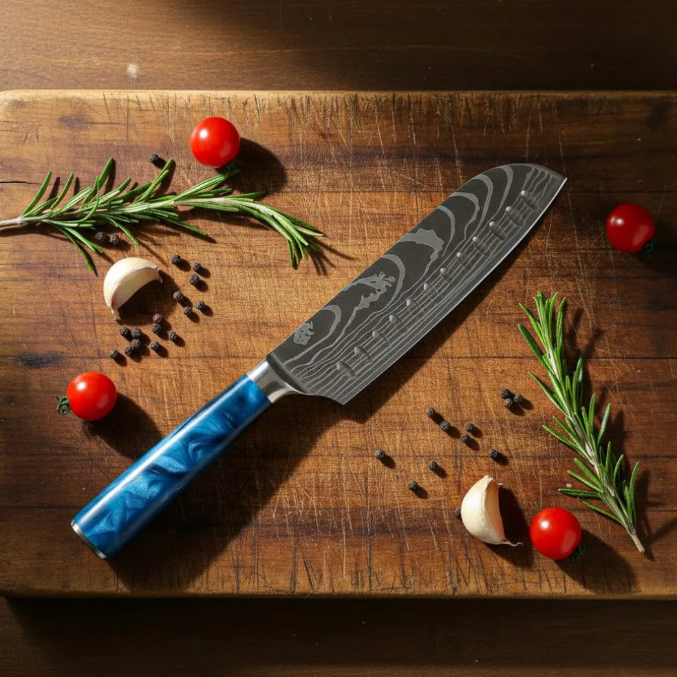 Shinrai Knives - Damascus Print Epoxy Sapphire 2-delige Messenset - Santoku + Schilmes