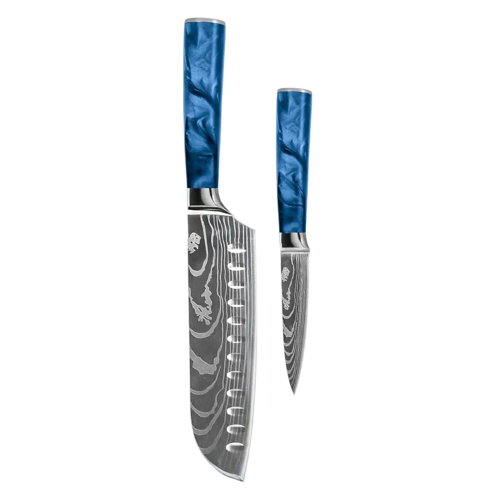 Shinrai Knives - Damascus Print Epoxy Sapphire 2-delige Messenset - Santoku + Schilmes