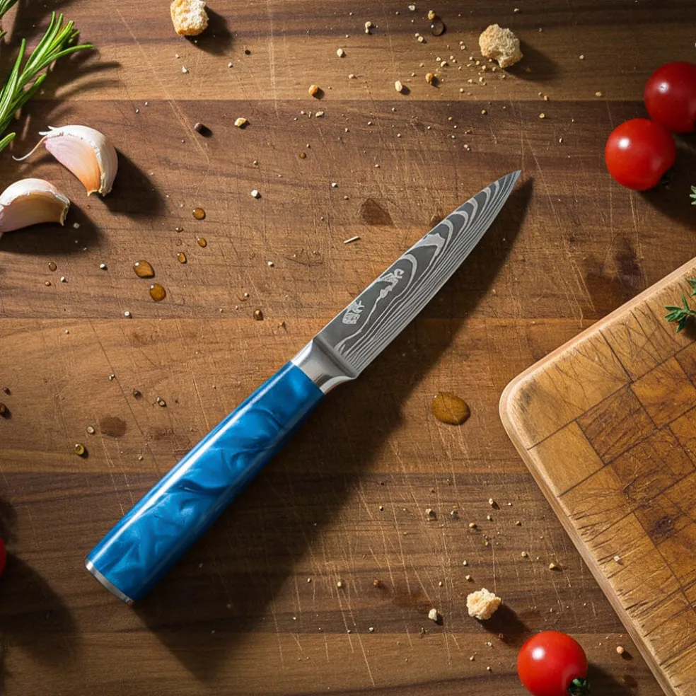Shinrai Knives - Damascus Print Epoxy Sapphire 2-delige Messenset - Santoku + Schilmes