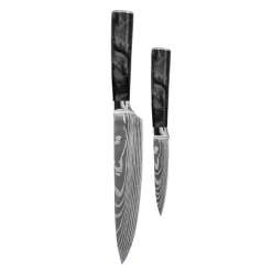 Shinrai Knives - Damascus Print Epoxy Onyx 2-delige Messenset - Koksmes + Schilmes