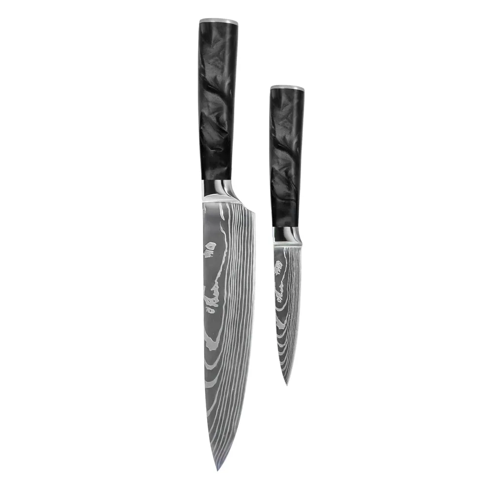 Shinrai Knives - Damascus Print Epoxy Onyx 2-delige Messenset - Koksmes + Schilmes