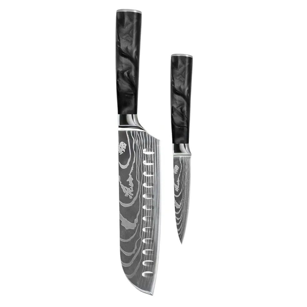 Shinrai Knives - Damascus Print Epoxy Onyx 2-delige Messenset - Santoku + Schilmes