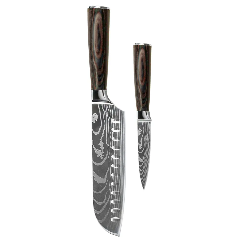 Shinrai Knives - Damascus Print 2-delige Messenset - Santoku + Schilmes
