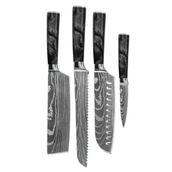 Shinrai Knives - Damascus Print Epoxy Onyx 4-delige Messenset - Santoku + Broodmes + Nakiri + Schilmes