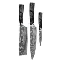 Shinrai Knives - Damascus Print Epoxy Onyx 3-delige Messenset - Koksmes + Nakiri + Schilmes