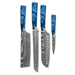 Shinrai Knives - Damascus Print Epoxy Sapphire 4-delige Messenset - Santoku + Broodmes + Nakiri + Schilmes