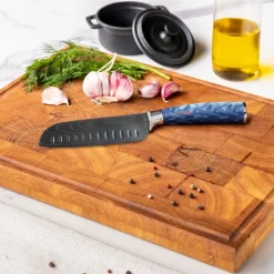 Shinrai Knives - Damascus Print Epoxy Sapphire 4-delige Messenset - Santoku + Broodmes + Nakiri + Schilmes