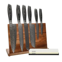 Shinrai Knives - Damast Pakka Wood 6-delige Messenset + Messenblok + Slijpsteen