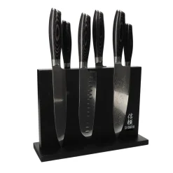 Shinrai Knives - Damast Pakka Wood 6-delige Messenset + Magnetisch Messenblok Dubbelzijdig - Zwart