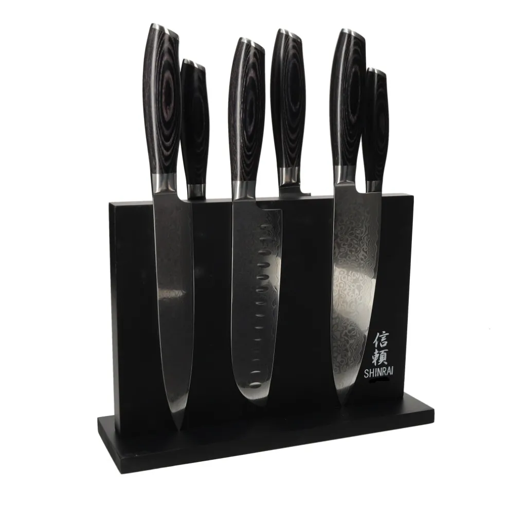 Shinrai Knives - Damast Pakka Wood 6-delige Messenset + Magnetisch Messenblok Dubbelzijdig - Zwart