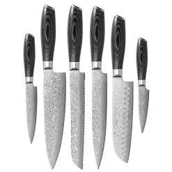 Shinrai Knives - Damast Pakka Wood 6-delige Messenset + Messenblok Cito dubbelzijdig