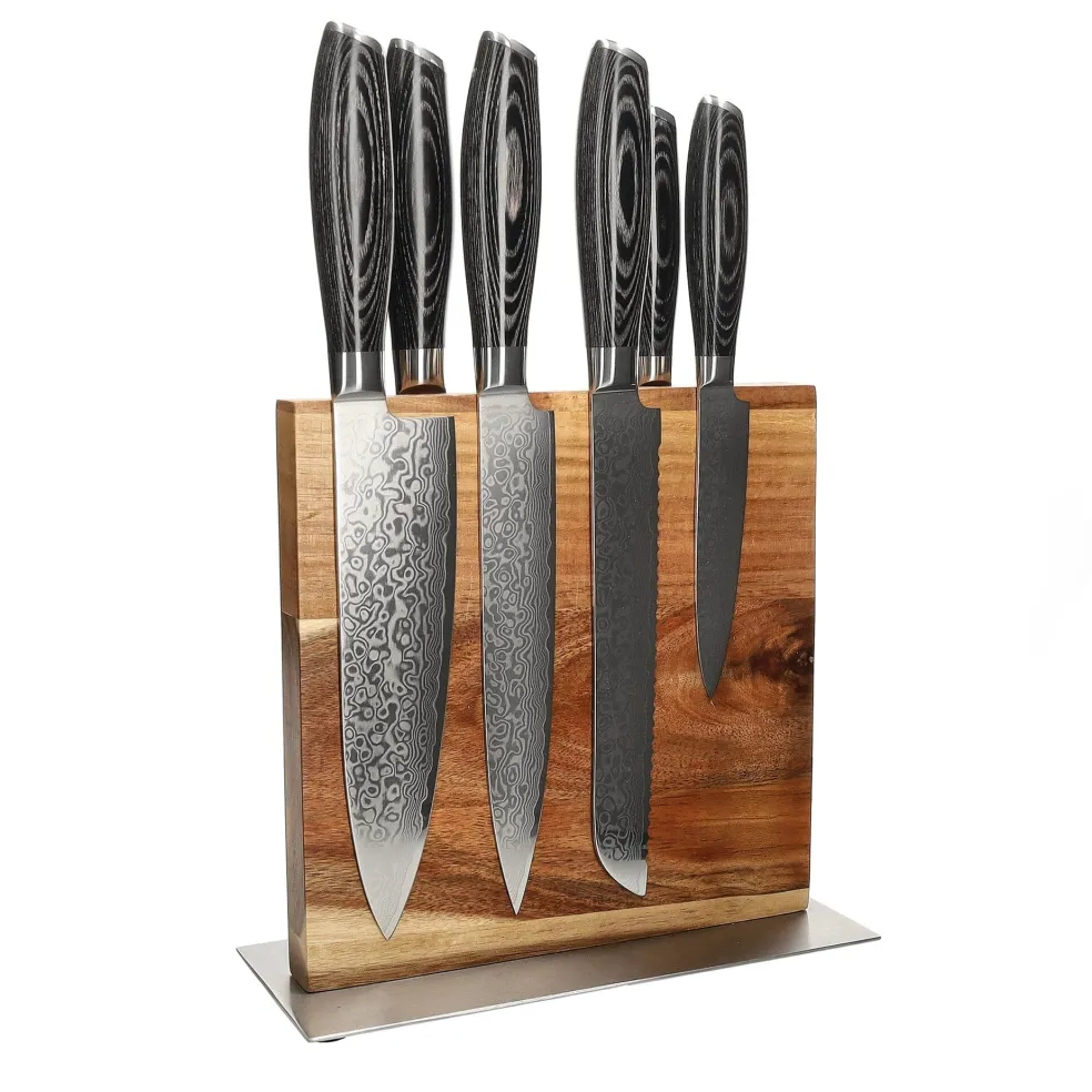 Shinrai Knives - Damast Pakka Wood 6-delige Messenset + Messenblok Cito dubbelzijdig