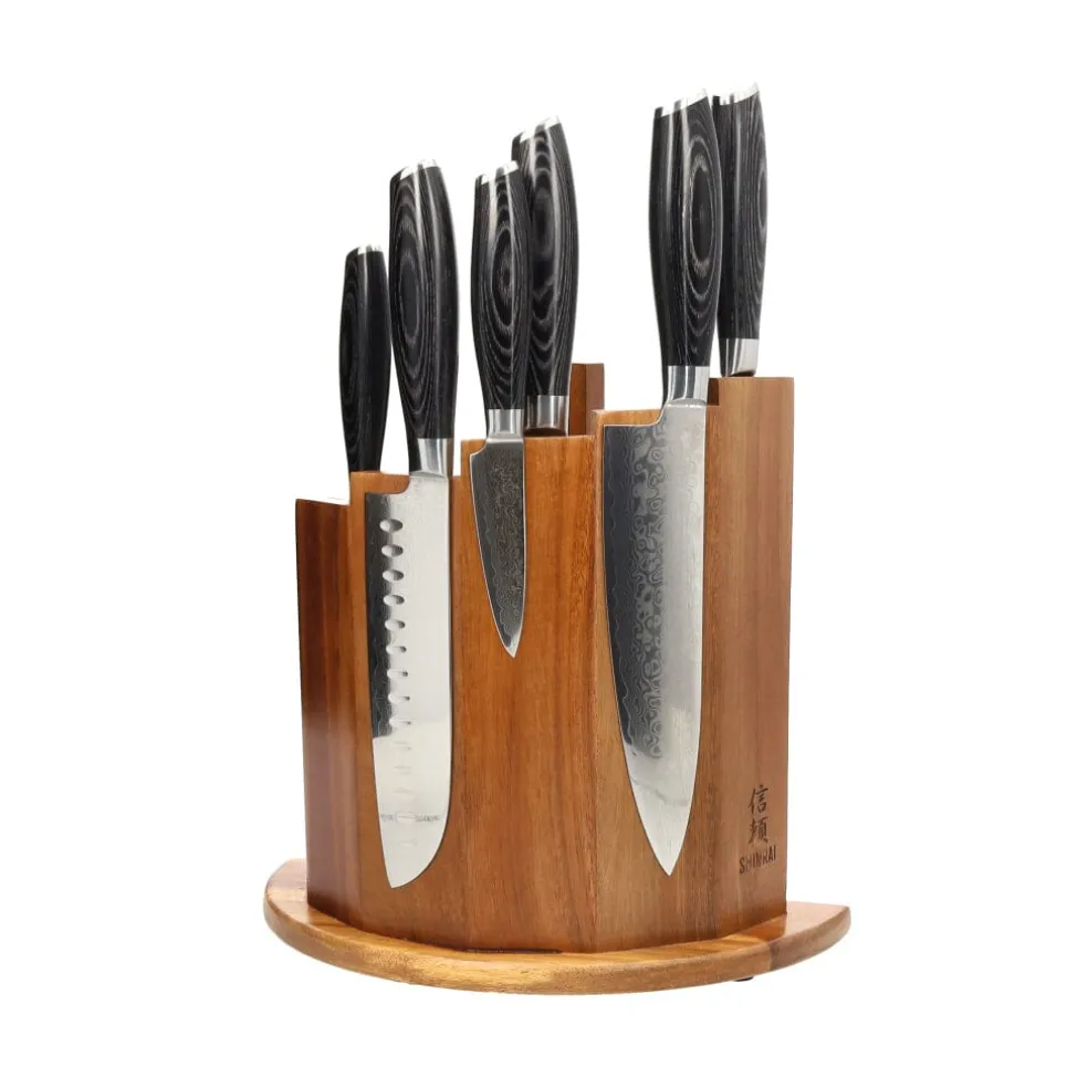 Shinrai Knives - Damast Pakka Wood 6-delige Messenset + Magnetisch Messenblok Scalae - Acacia hout