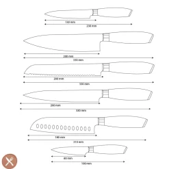 Shinrai Knives - Damast Pakka Wood 6-delige Messenset + Magnetisch Messenblok Scalae - Acacia hout