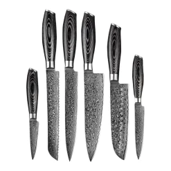 Shinrai Knives - Damast Pakka Wood 6-delige Messenset + Magnetisch Messenblok Scalae - Acacia hout