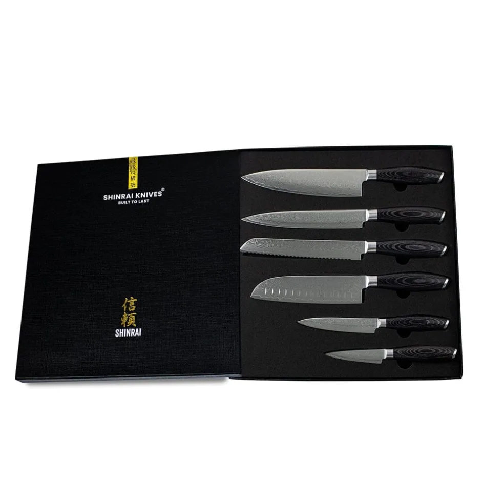 Shinrai Knives - Damast Pakka Wood 6-delige Messenset + Magnetisch Messenblok Scalae - Acacia hout