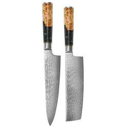 Shinrai Knives - Epoxy Onyx 2-delige Damascus Messenset - Koksmes + Nakiri