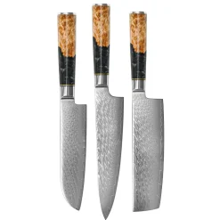 Shinrai Knives - Epoxy Onyx 3-delige Damascus Messenset - Koksmes + Nakiri + Santoku