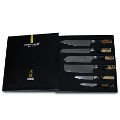 Shinrai Knives - Epoxy Onyx 6-delige Damascus Messenset + Magnetisch Messenblok Dubbelzijdig - Zwart