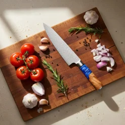 Shinrai Knives - Epoxy Sapphire 2-delige Damascus Messenset - Koksmes + Santoku mes