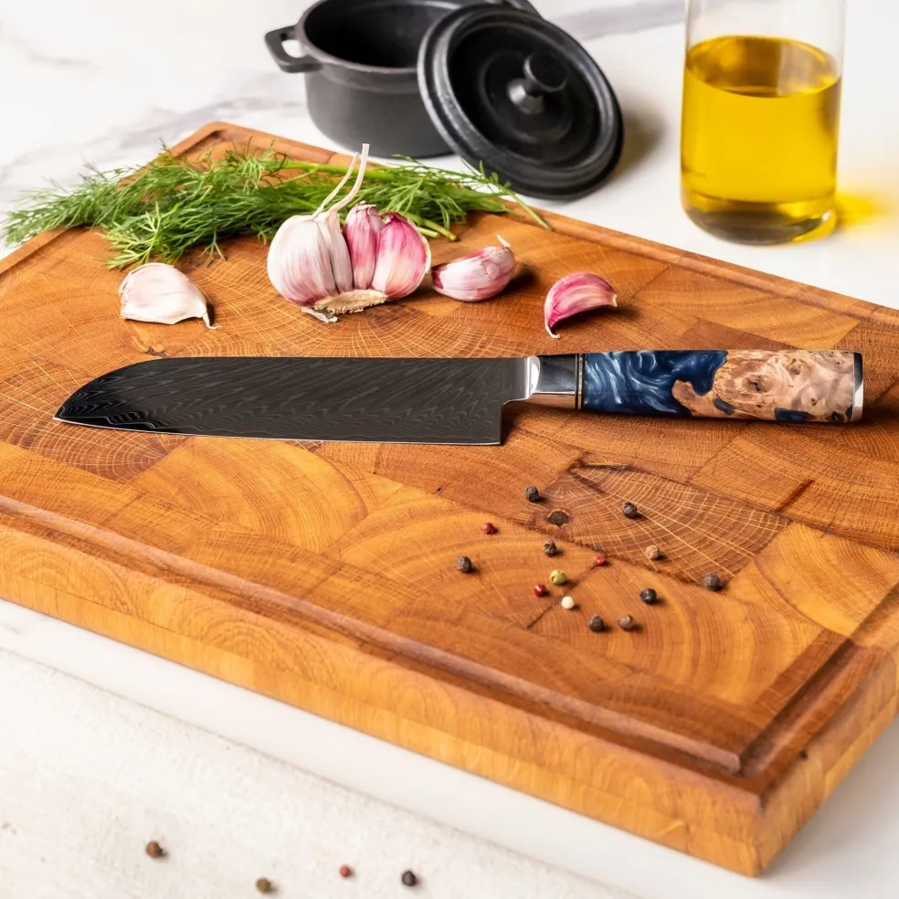 Shinrai Knives - Epoxy Sapphire 2-delige Damascus Messenset - Koksmes + Santoku mes