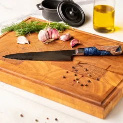 Shinrai Knives - Epoxy Sapphire 2-delige Damascus Messenset - Koksmes + Santoku mes
