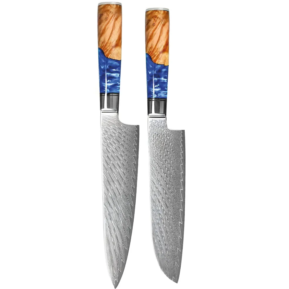 Shinrai Knives - Epoxy Sapphire 2-delige Damascus Messenset - Koksmes + Santoku mes