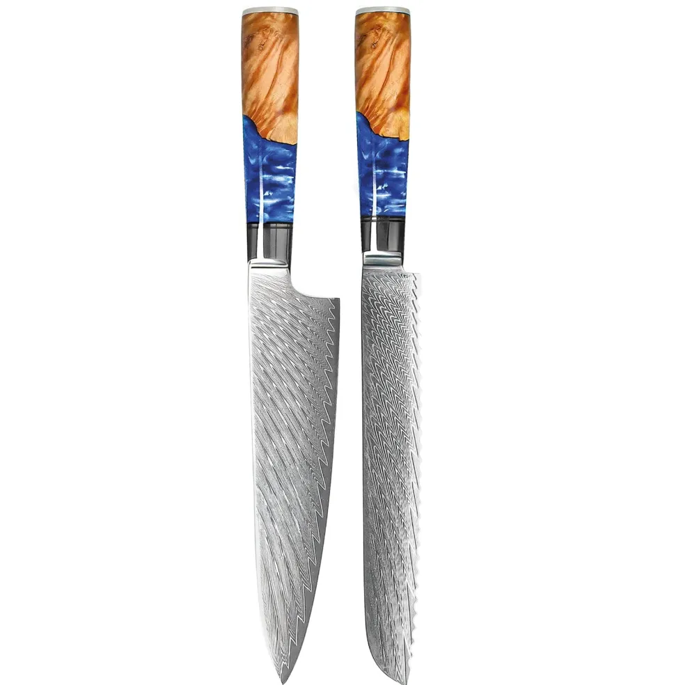 Shinrai Knives - Epoxy Sapphire 2-delige Damascus Messenset - Koksmes + Broodmes