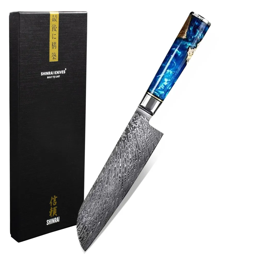 Shinrai Knives - Epoxy Sapphire Damascus Santoku 18 cm