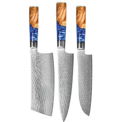 Shinrai Knives - Epoxy Sapphire 3-delige Damascus Messenset - Koksmes + Nakiri + Santoku