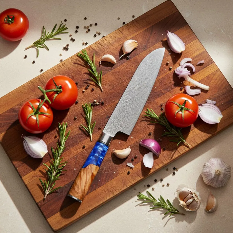 Shinrai Knives - Epoxy Sapphire 3-delige Damascus Messenset - Koksmes + Nakiri + Santoku