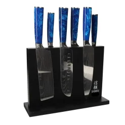 Shinrai Knives - Epoxy Sapphire Damascus Print 6-delige Messenset + Magnetisch Messenblok Dubbelzijdig - Zwart