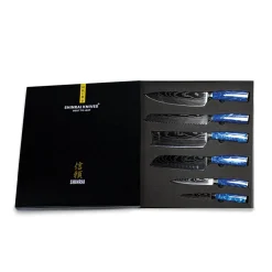 Shinrai Knives - Epoxy Sapphire Damascus Print 6-delige Messenset + Magnetisch Messenblok Scalae - Acacia hout