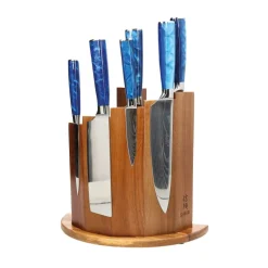 Shinrai Knives - Epoxy Sapphire Damascus Print 6-delige Messenset + Magnetisch Messenblok Scalae - Acacia hout