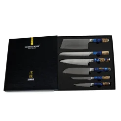 Shinrai Knives - Epoxy Sapphire 6-delige Damascus Messenset + Magnetisch Messenblok Scalae - Acacia hout
