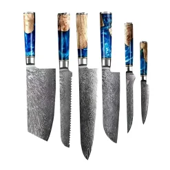 Shinrai Knives - Epoxy Sapphire 6-delige Damascus Messenset + Magnetisch Messenblok Scalae - Acacia hout