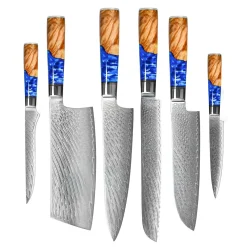 Shinrai Knives - Epoxy Sapphire 6-delige Messenset + Messenblok Stans