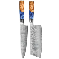 Shinrai Knives - Epoxy Sapphire 2-delige Damascus Messenset - Koksmes + Nakiri