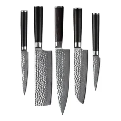 Shinrai Knives - Hammered Damast BR 5-delige Messenset + Magnetisch Messenblok Scalae - Acacia