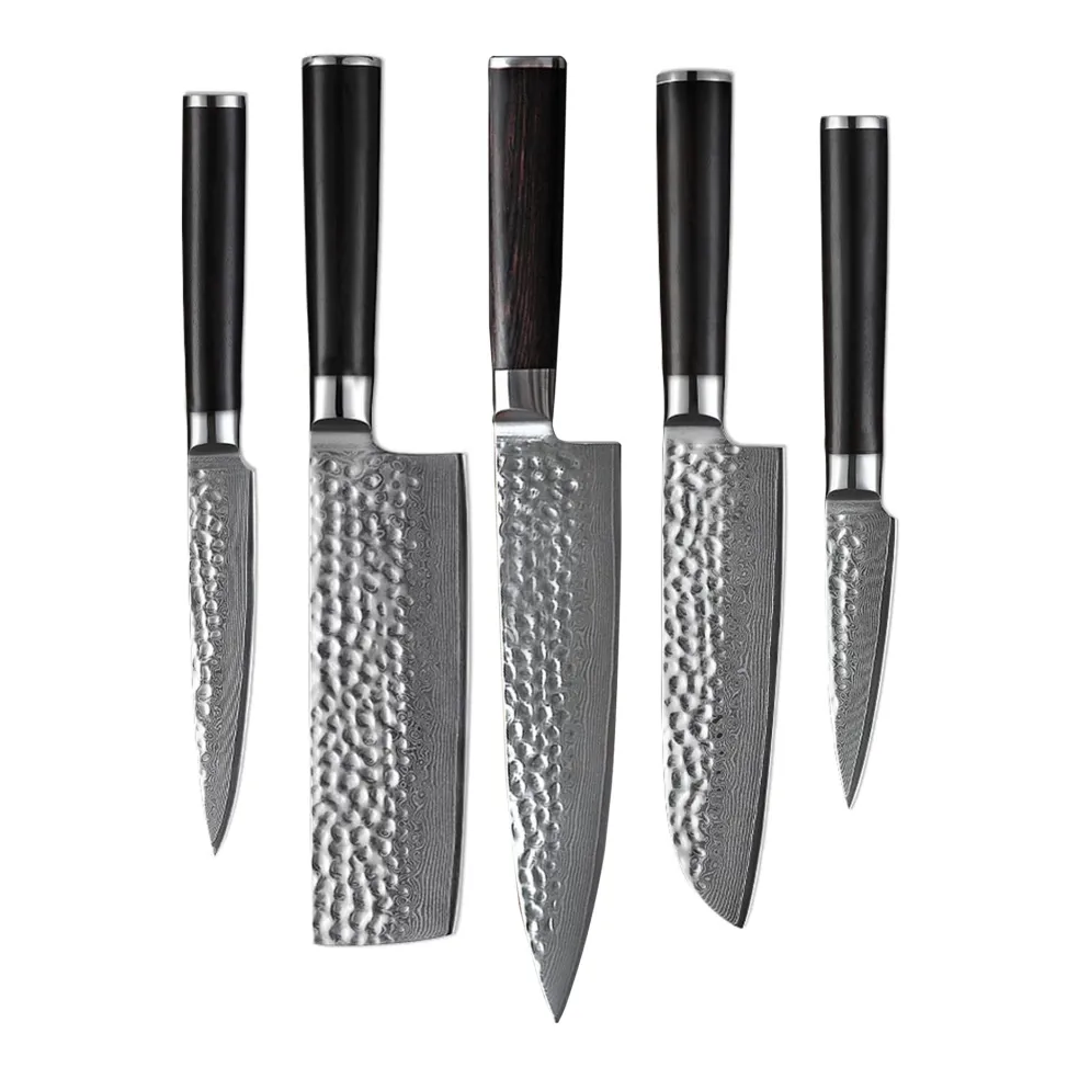 Shinrai Knives - Hammered Damast BR 5-delige Messenset + Magnetisch Messenblok Scalae - Acacia