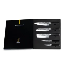 Shinrai Knives - Hammered Damast BR 5-delige Messenset + Magnetisch Messenblok Scalae - Acacia