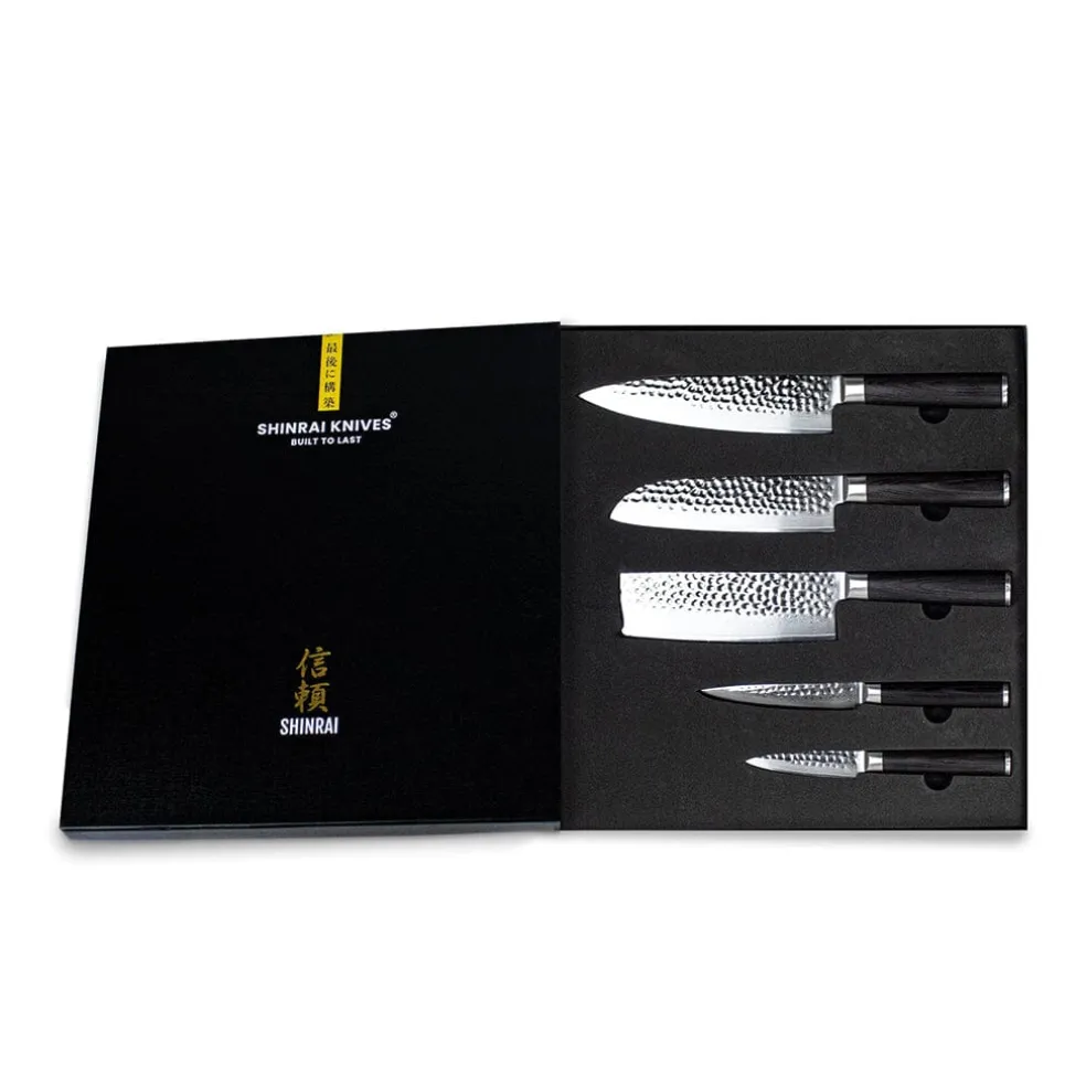 Shinrai Knives - Hammered Damast BR 5-delige Messenset + Magnetisch Messenblok Scalae - Acacia