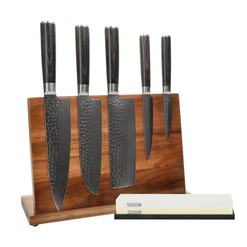 Shinrai Knives - Hammered Damast BR 5-delige Messenset + Messenblok + Slijpsteen