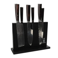 Shinrai Knives - Hammered RVS 6-delige Messenset + Magnetisch Messenblok Dubbelzijdig - Zwart
